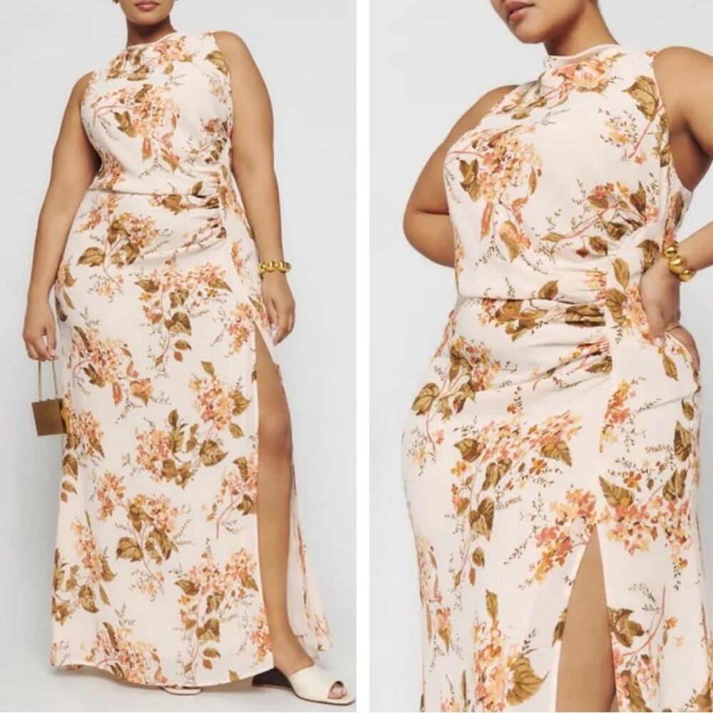 REFORMATION Senna Floral Ruched High Neck High Slit Bella Maxi Dress Size 18